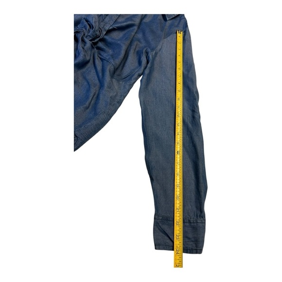 NEW YORK & COMPANY soho Blue Denim Button Knot Front Roll Tab Sleeve Shirt Sz M - Picture 8 of 12